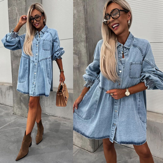 Women's New Spring And Summer Shirt Button Denim Long Sleeve Dress