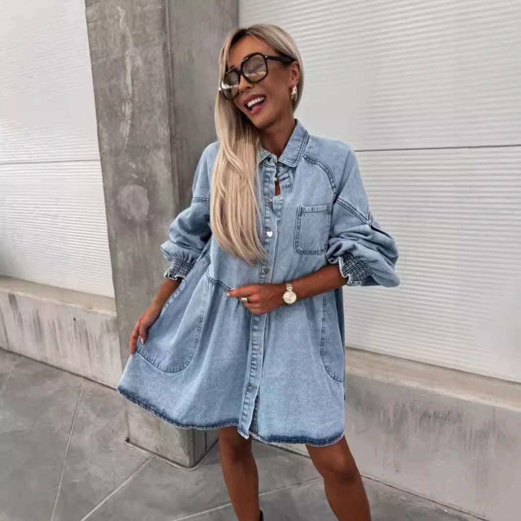 Women's New Spring And Summer Shirt Button Denim Long Sleeve Dress