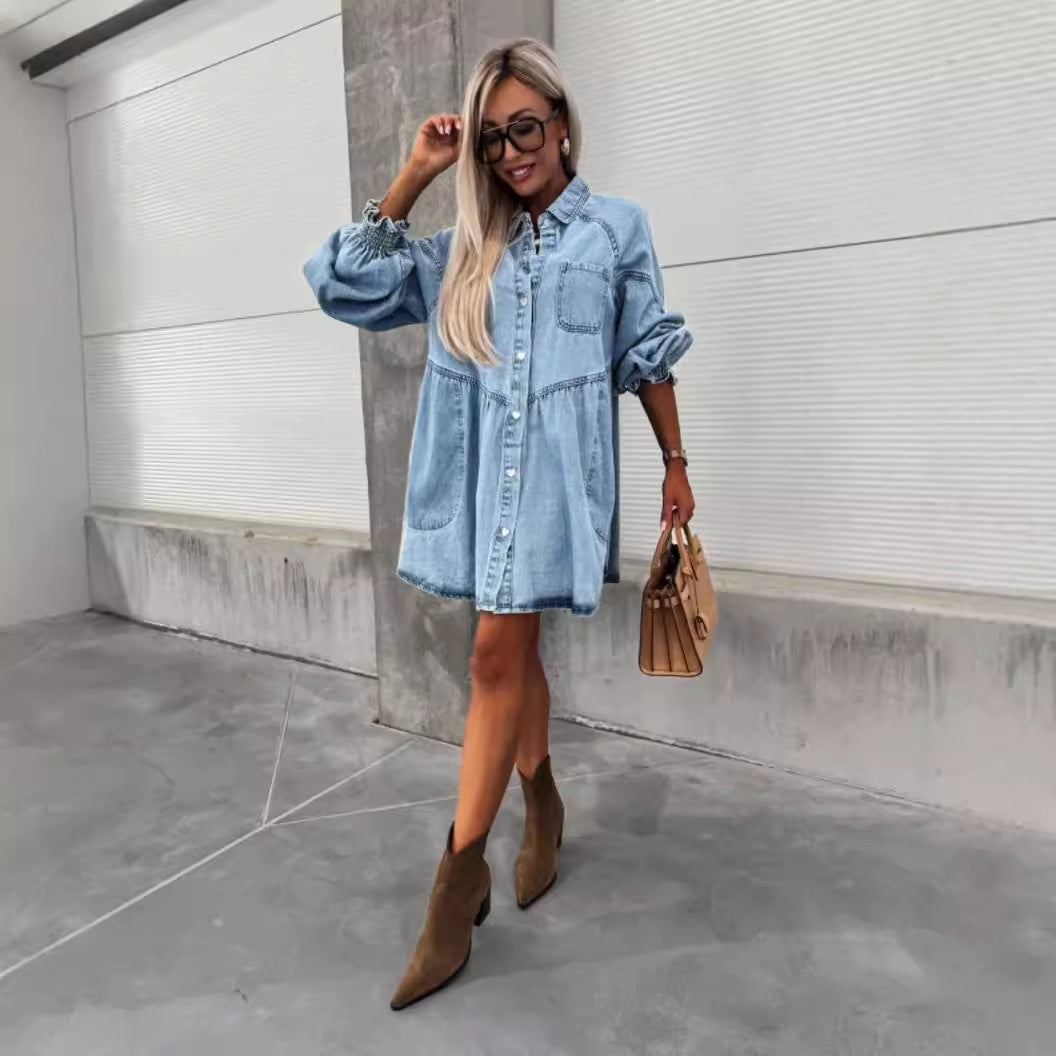 Women's New Spring And Summer Shirt Button Denim Long Sleeve Dress