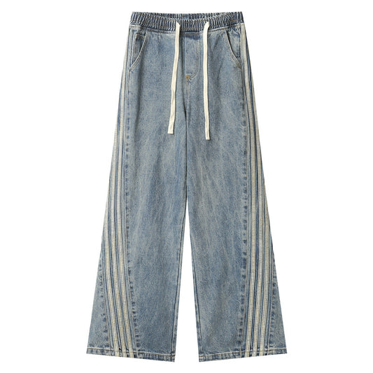 Light Blue Side Three Bars Straight Jeans Men - Sophinity