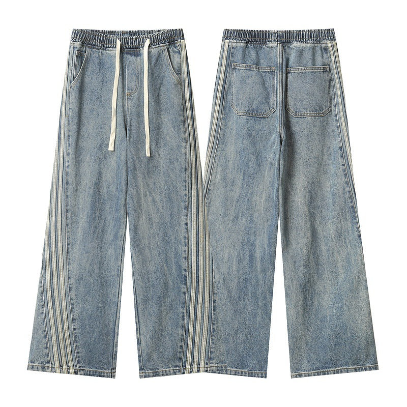 Light Blue Side Three Bars Straight Jeans Men - Sophinity