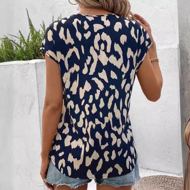 Women's Leopard Print Bat Shoulder Sleeve Printing V-neck Casual T-shirt