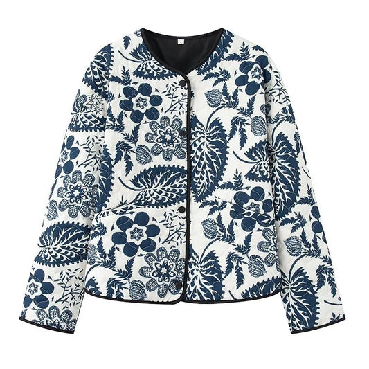 Printed Round Neck Cotton-padded Jacket Long Sleeve Short Jacket - Sophinity