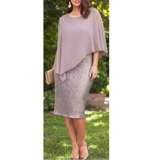 European And American Plus Size Solid Color Chiffon Fake Two-piece Slim Fit Sheath Sexy Party Formal Dress Women - Sophinity