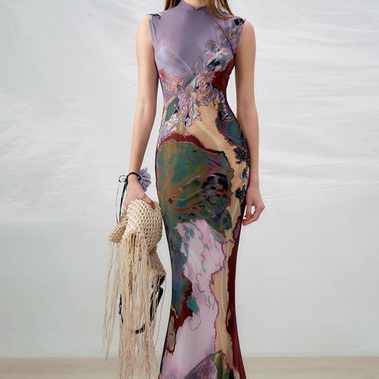 New Chinese Style Front And Back Wearable Contrast Color Cheongsam Dress
