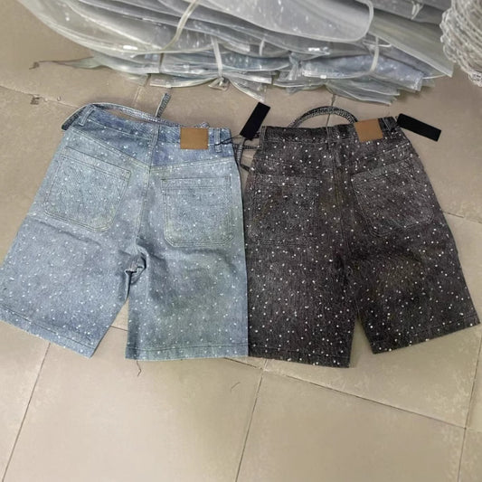 Ins Style Washed Rhinestone Belt Belt Denim Shorts - Sophinity