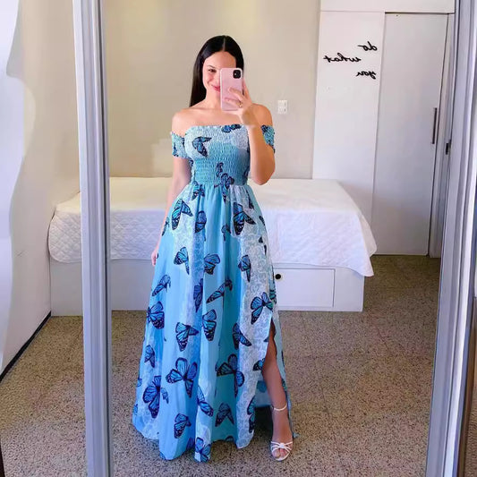 Off-shoulder Printed Butterfly Rainbow Dress - Sophinity