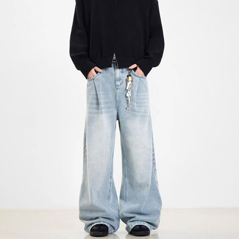Retro Side Double Oblique Pleated Washed Blue Jeans For Men And Women - Sophinity