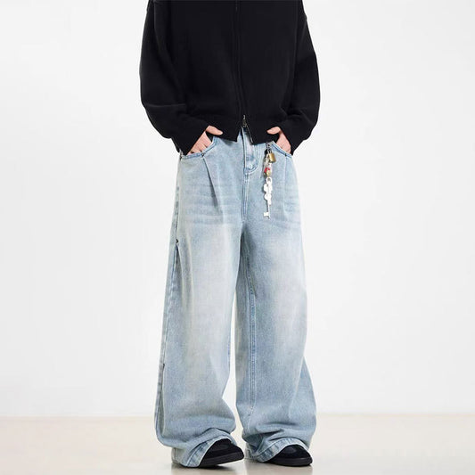 Retro Side Double Oblique Pleated Washed Blue Jeans For Men And Women - Sophinity