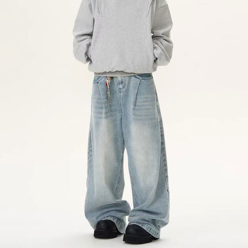 Retro Side Double Oblique Pleated Washed Blue Jeans For Men And Women - Sophinity