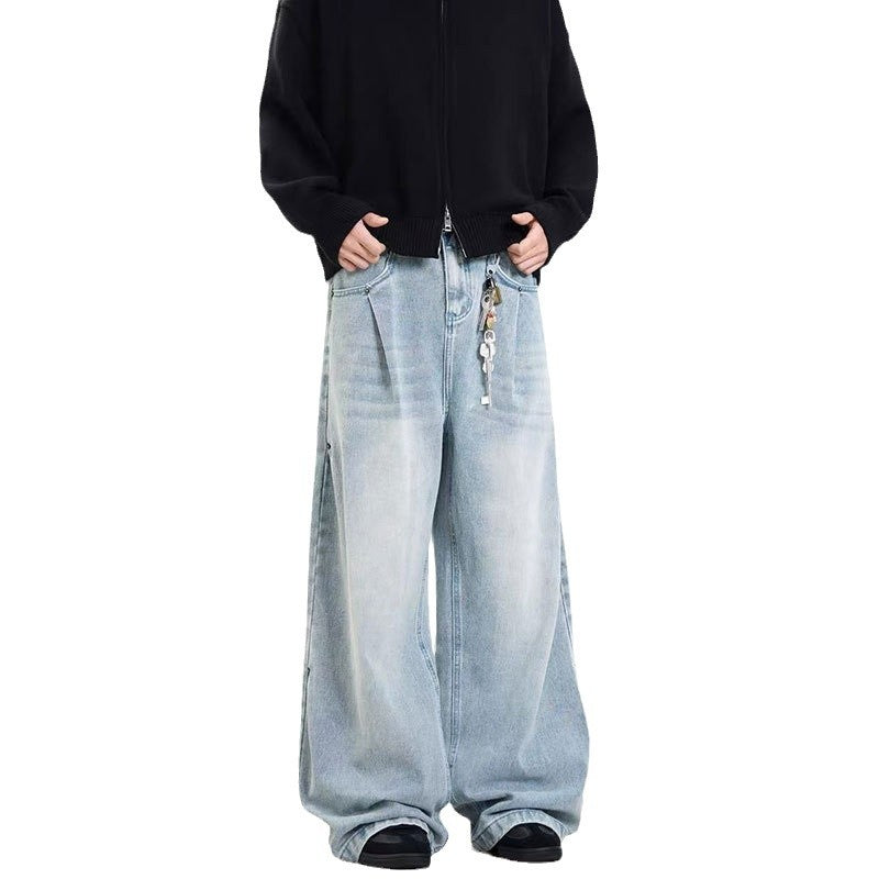 Retro Side Double Oblique Pleated Washed Blue Jeans For Men And Women - Sophinity