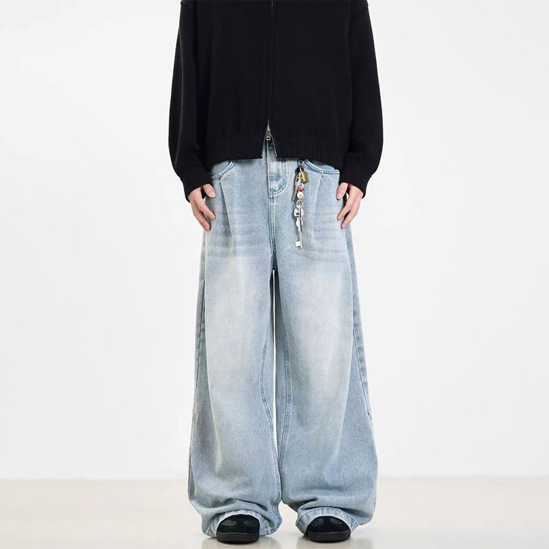 Retro Side Double Oblique Pleated Washed Blue Jeans For Men And Women - Sophinity