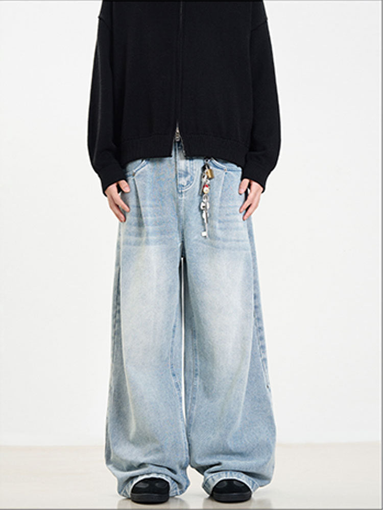 Retro Side Double Oblique Pleated Washed Blue Jeans For Men And Women - Sophinity