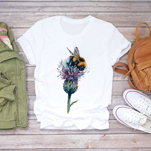 Women T-shirts Cartoon Bee Flower 90s Cute Fashion Short - Sophinity