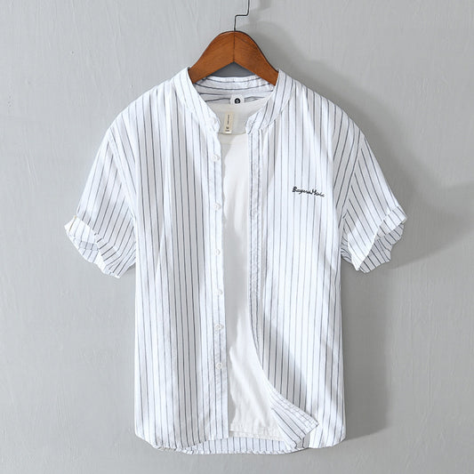 English Letter Stripes Short Sleeve Embroidered Shirt Men's Clothing - Sophinity