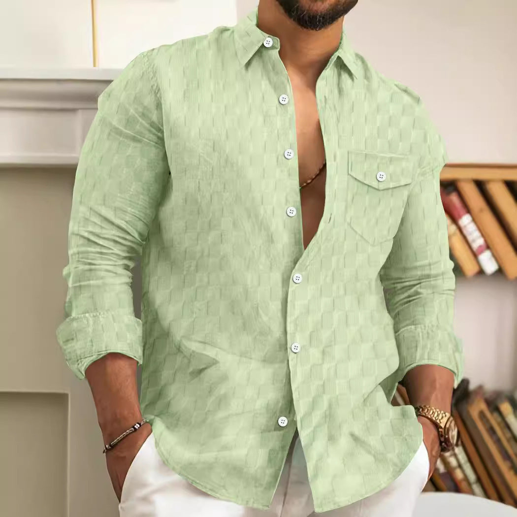 Men's Plaid Jacquard Chest Pocket Lapels Long Sleeve Lapel Shirt - Sophinity