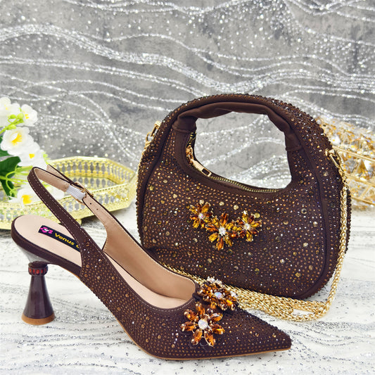 Pointed Toe High Heel Rhinestone Flower Shoes With Handbag Soft - Sophinity