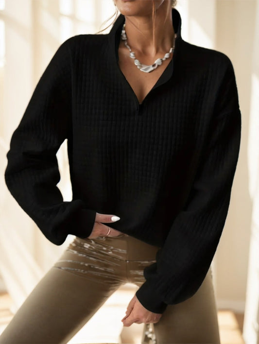 Waffle Grid Quarter Zip Pullover Sweatshirt - Sophinity
