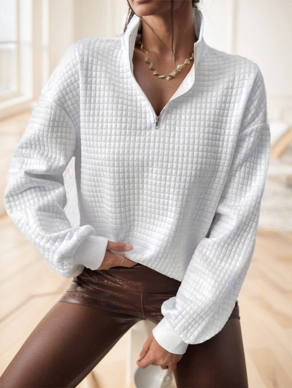 Waffle Grid Quarter Zip Pullover Sweatshirt - Sophinity