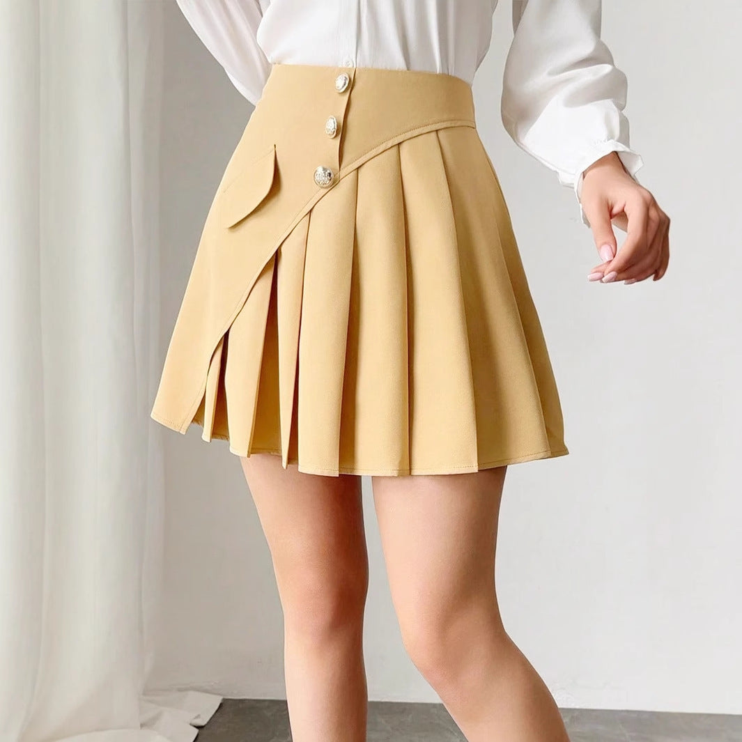 Solid Color Pleated Front Button Design, Women's Temperament Commuting A-line Skirt