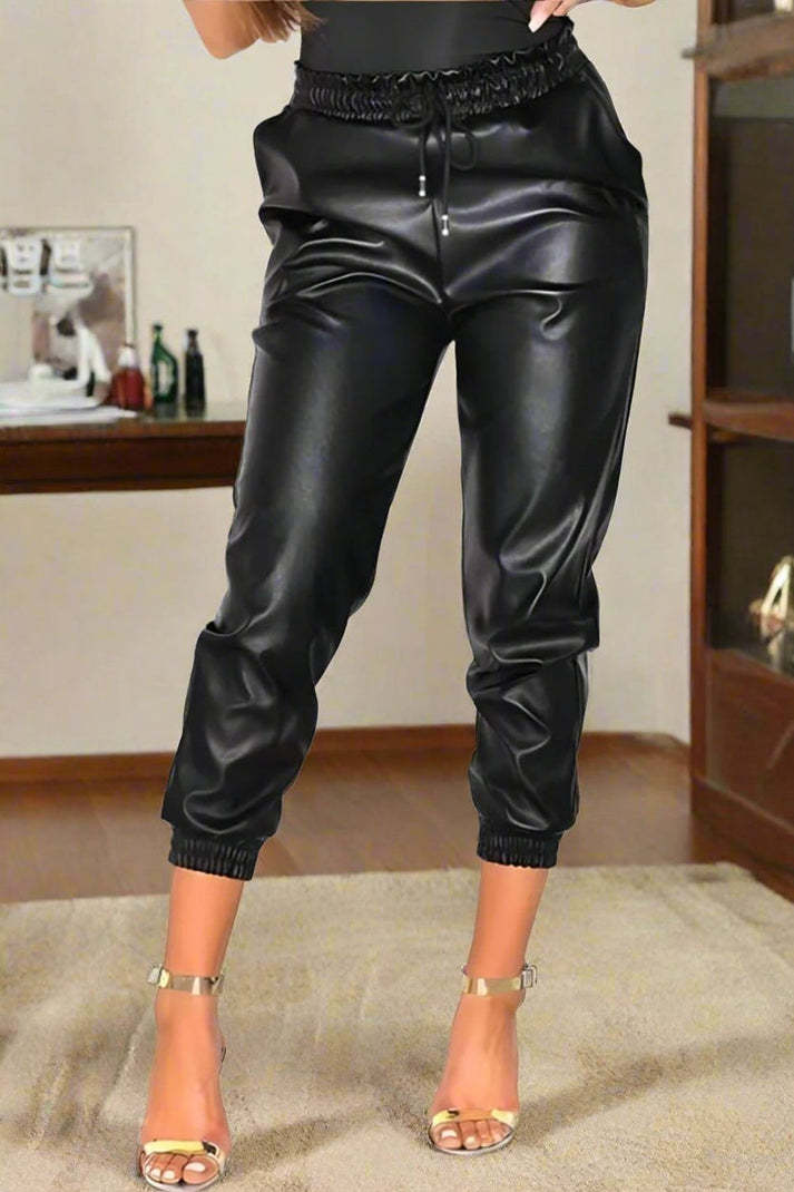 Wet Look PU Faux Leather Look Tie Up Trouser Joggers - Sophinity