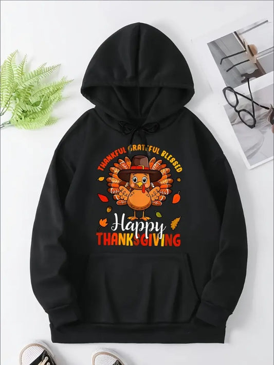 Women'S Thanksgiving Turkey Print Local Warehouse Vibrant Letter Chicken Print Kangaroo Pocket Hoodie, Casual Long Sleeved Drawstring Hoodie, Women'S Clothing, With Positioning Print - Sophinity