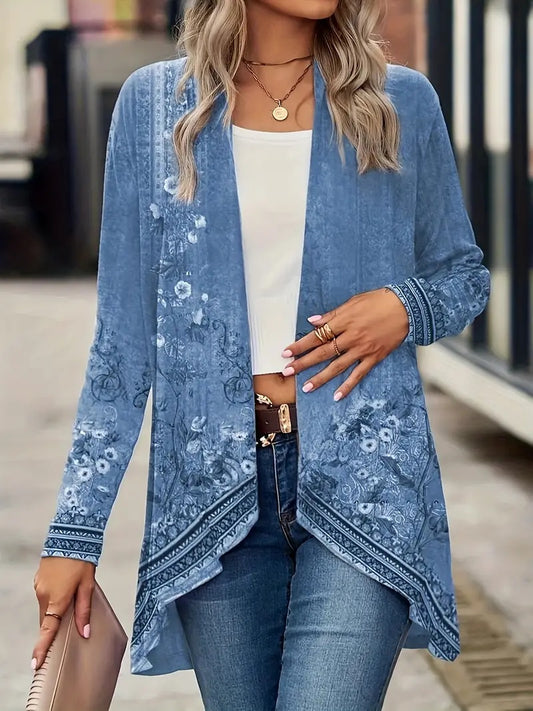 Spring And Autumn New Women's Top Printed Cardigan Casual Long Sleeve Light Jacket Blue - Sophinity