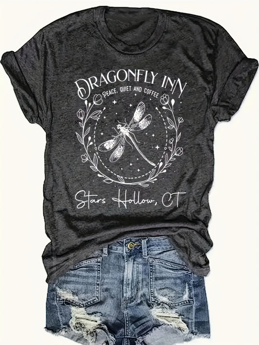 Dragonfly Minimalist Letter Pattern Printed Plus Size T-shirt, Casual Round Neck Summer Short Sleeved Women's Top - Sophinity