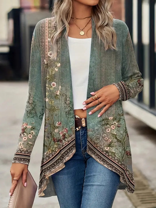 Spring And Autumn New Women's Top Printed Cardigan Casual Long Sleeve Light Jacket Green - Sophinity