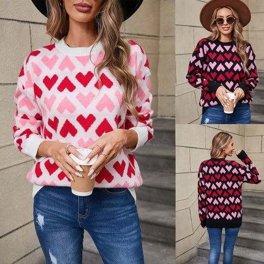 Winter Love Round Neck Pullover Small Peach Heart Sweater For Women