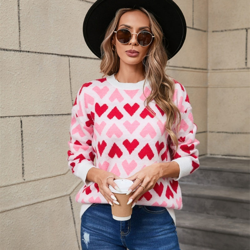 Winter Love Round Neck Pullover Small Peach Heart Sweater For Women