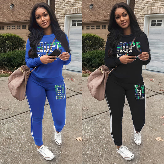 Women's Autumn And Winter Fleece-lined NOPE Letter Printing Long Sleeve Trousers Suit