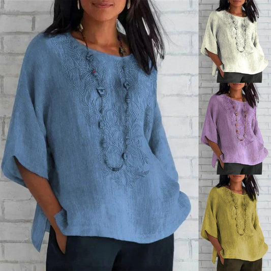 Autumn And Winter Women's Three-quarter Sleeve Loose Casual Print T-shirt Linen Cotton And Linen