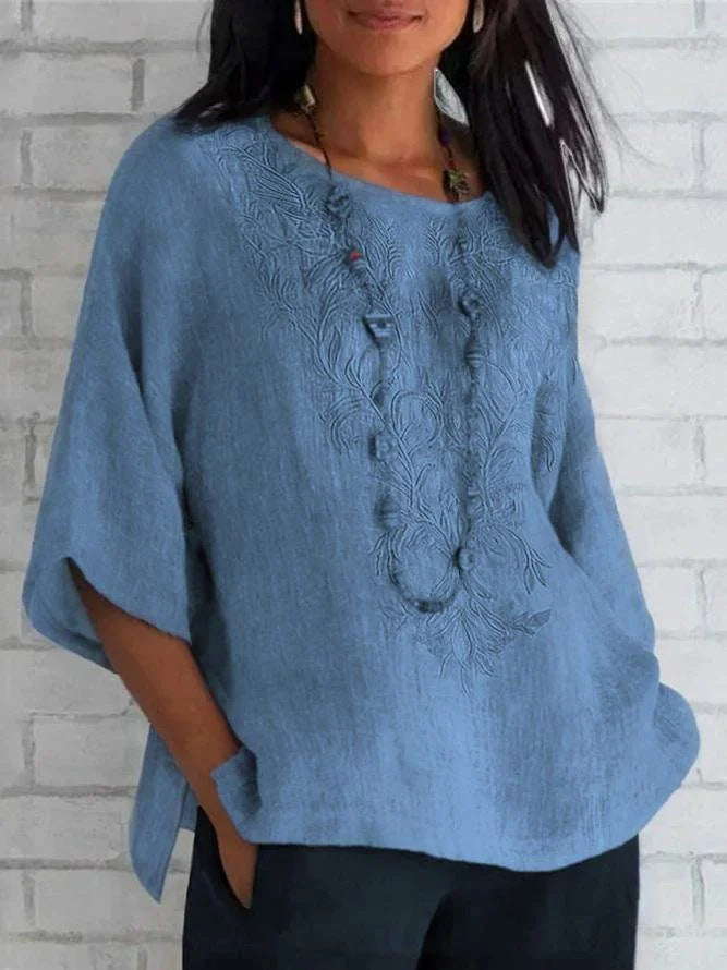 Autumn And Winter Women's Three-quarter Sleeve Loose Casual Print T-shirt Linen Cotton And Linen