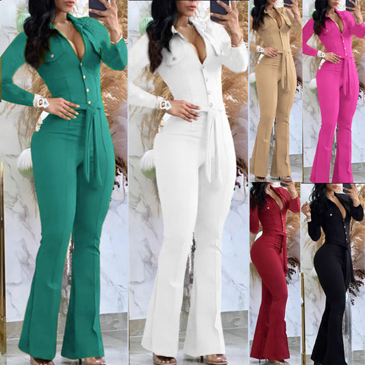 Autumn And Winter Button Lapel Slightly Flared Workwear Bag Jumpsuit Containing Belt