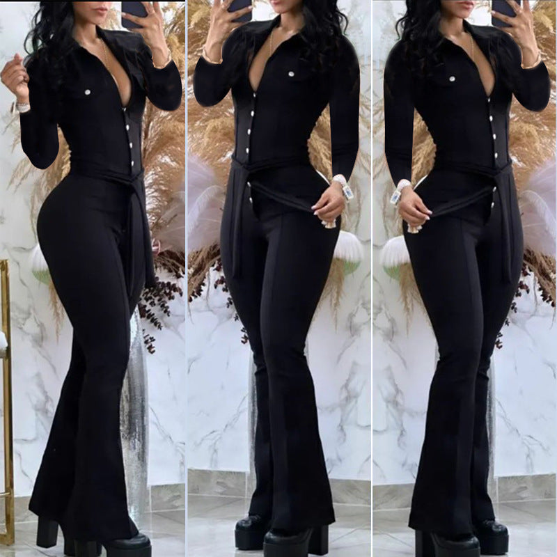 Autumn And Winter Button Lapel Slightly Flared Workwear Bag Jumpsuit Containing Belt