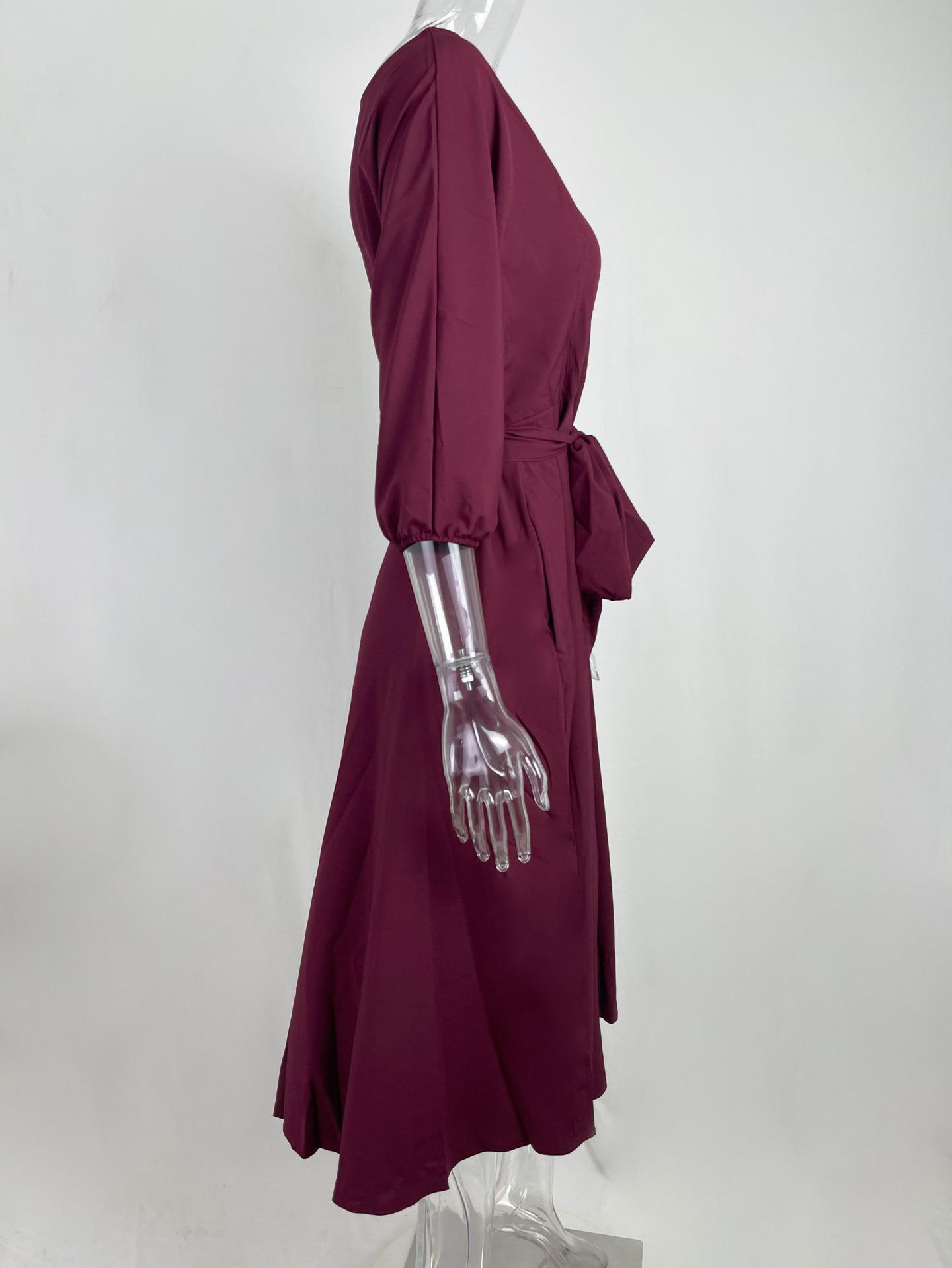 Women's Clothing Middle East Lace-up Waist-controlled Temperament Pure Color Dress