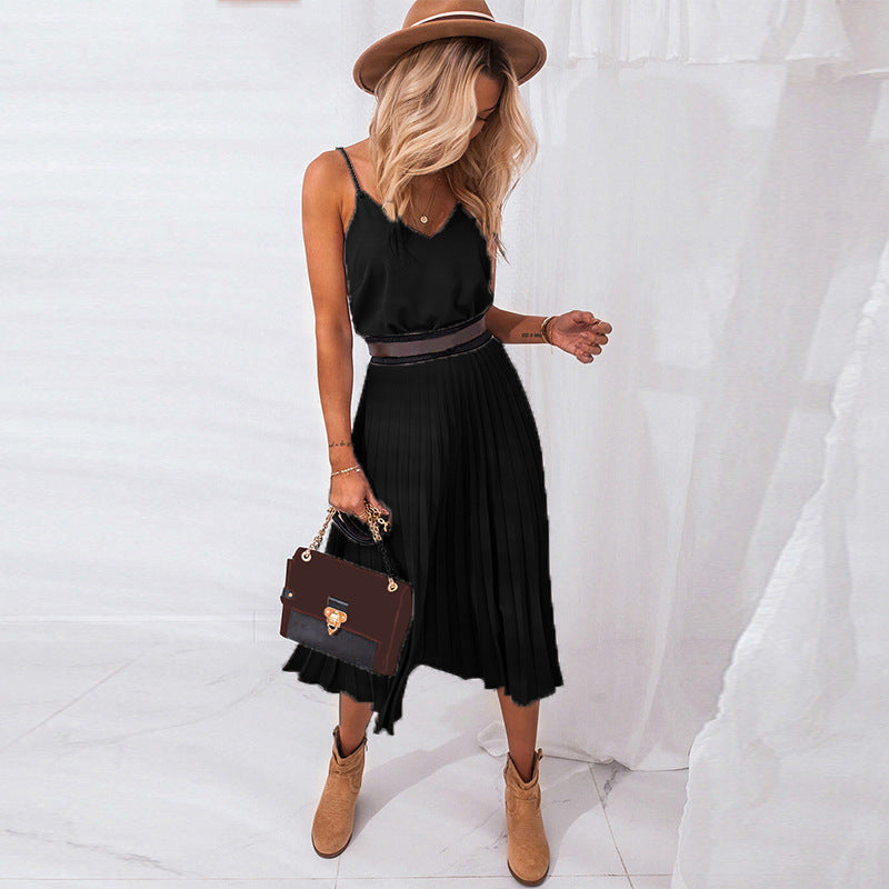 V-neck Pleated Mid Length Dress - Sophinity