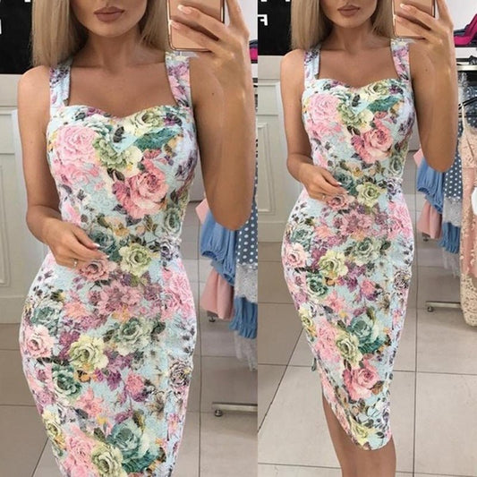 Slim Slimming Sling Print Mid - Length Dress - Sophinity