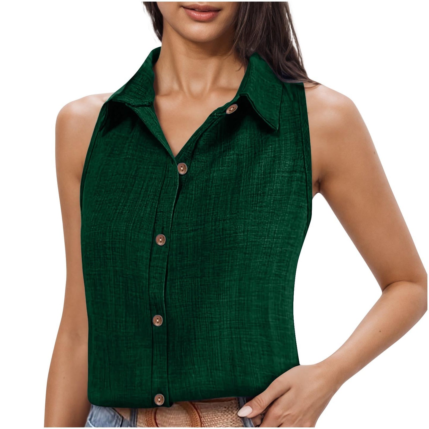 Lapel Cotton Linen Button Sleeveless Shirt Women's Clothing - Sophinity