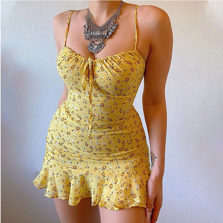 Floral Strap Chest Hollow Dress - Sophinity