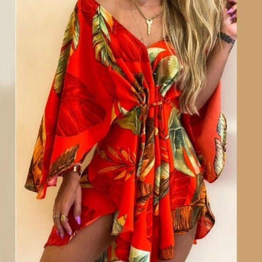 Autumn V - neck Irregular Batwing Sleeve Lace - up Dress - Sophinity