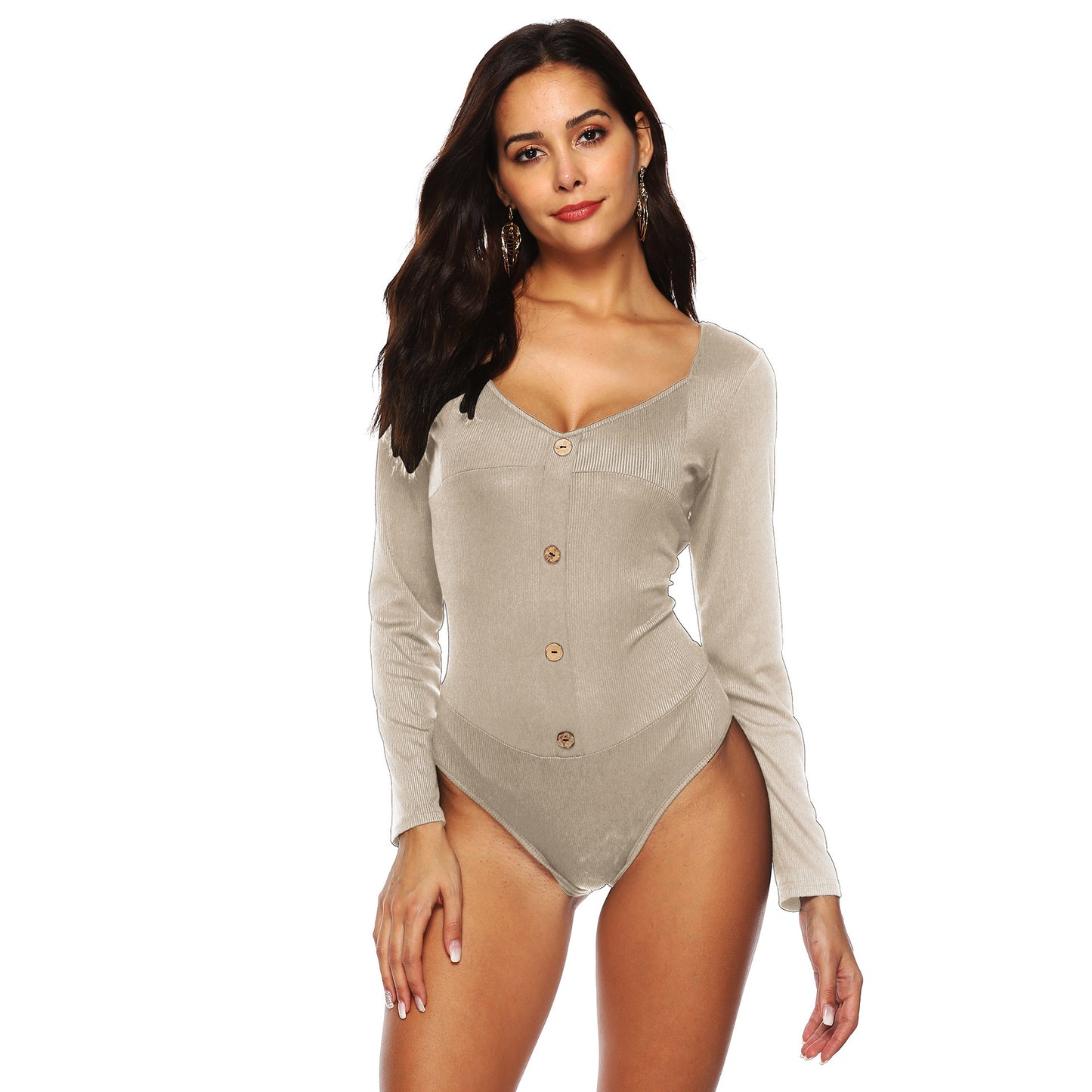 Women's Long - sleeved Deep U Backless Button Jumpsuit Bottoming Shirt - Sophinity