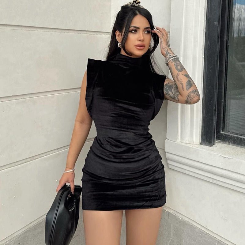 Suede Turtleneck Flounced Sleeve Slim - fit Sheath Dress Women - Sophinity