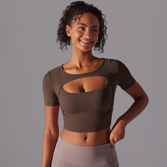 Double layer yoga top for women in olive green with stylish cutout design and short sleeves