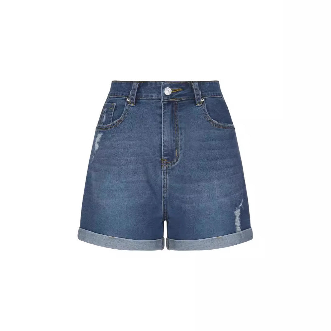 Straight Slim-fit Worn-out Curling Denim Shorts - Sophinity