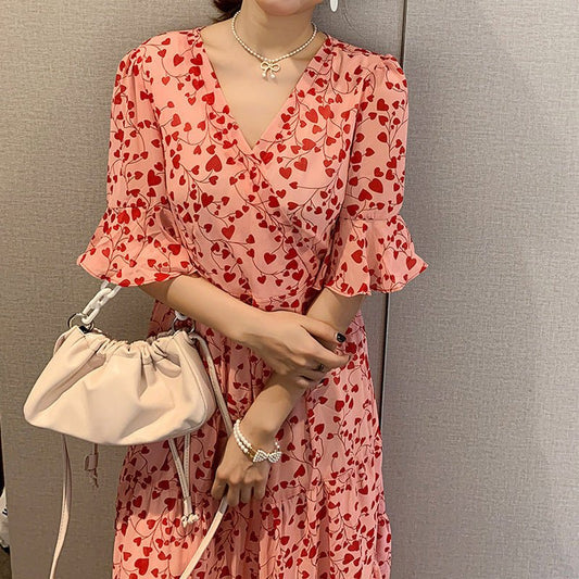 Half - flared Sleeve Vintage V - neck Style Floral Chiffon Dress - Sophinity