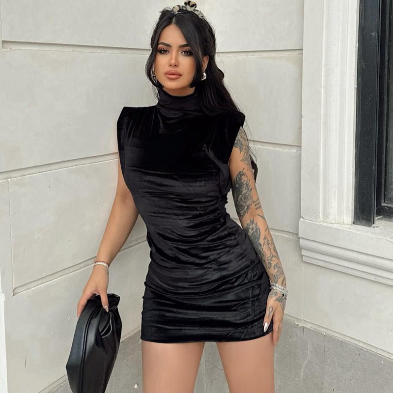 Suede Turtleneck Flounced Sleeve Slim - fit Sheath Dress Women - Sophinity