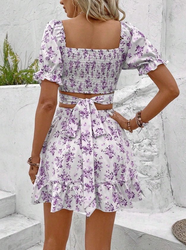 Two Piece Set With Ditsy Floral Print Dress - Sophinity
