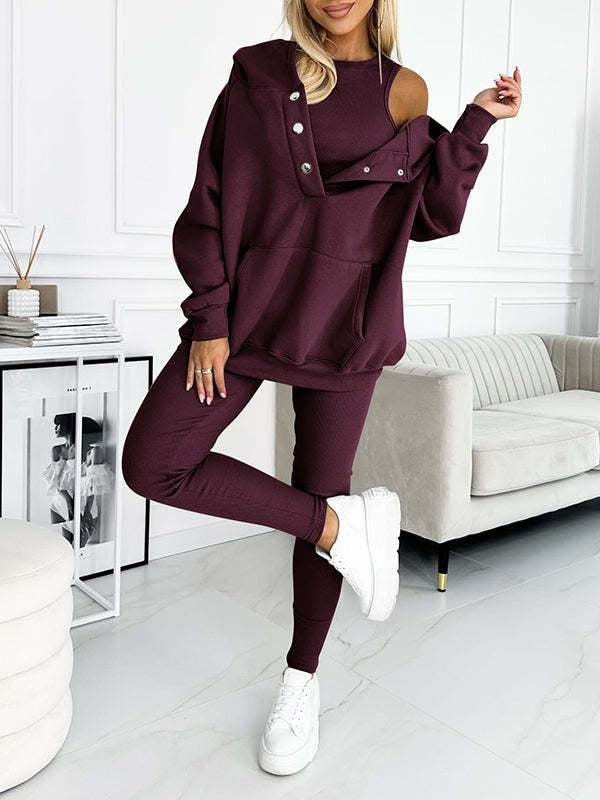 Athleisure Hoodie With Thick Thread Slim-fit Vest Pants Three Pieces Set - Sophinity